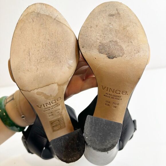 Vince Alexa Leather Ankle Strap Sandals Block Heel Black Nude Women's 7.5 EU 38 - Picture 8 of 9